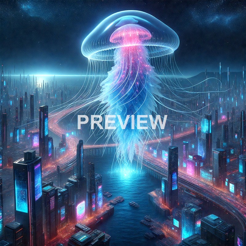 A giant, glowing jellyfish-like creature hovers over a futuristic cityscape at night, emitting vibrant pink and blue light with long, flowing tentacles.